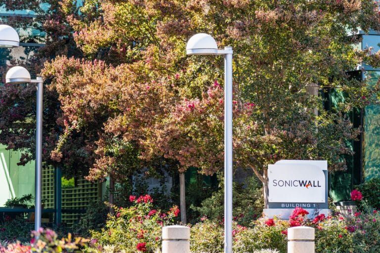 SonicWALL sign outside building.