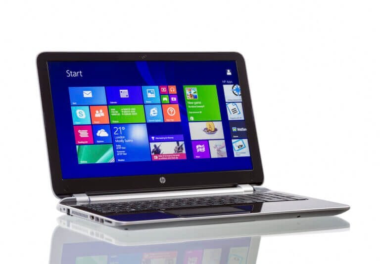 HP computer with home screen loaded.