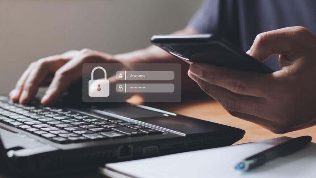 Password authentication between a mobile phone and laptop.