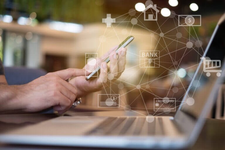 Financial and banking app icons shown with a mobile device.