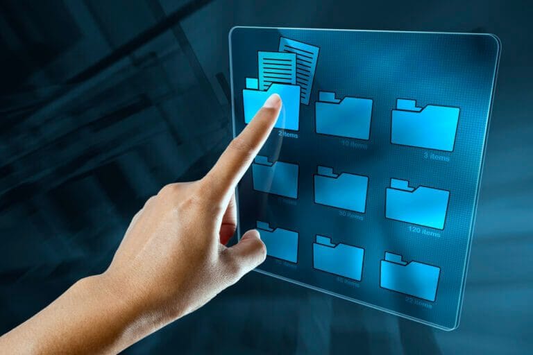 Person using touchscreen display to open documents in a folder.