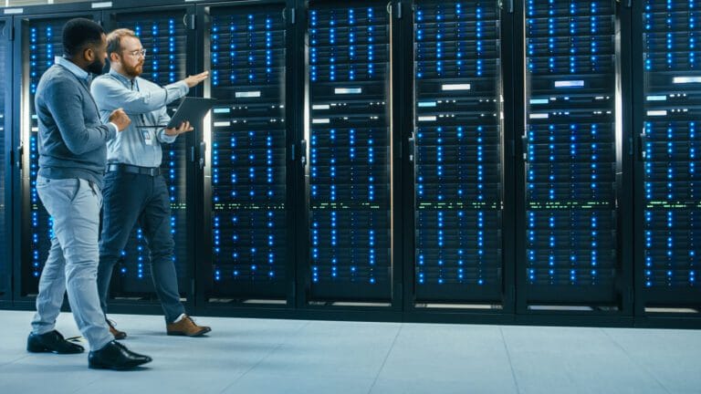 IT employees reviewing hosting servers in an IT environment.