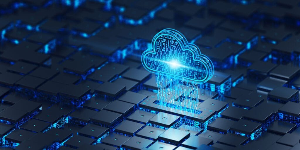 Cloud computing graphic on circuit board background.