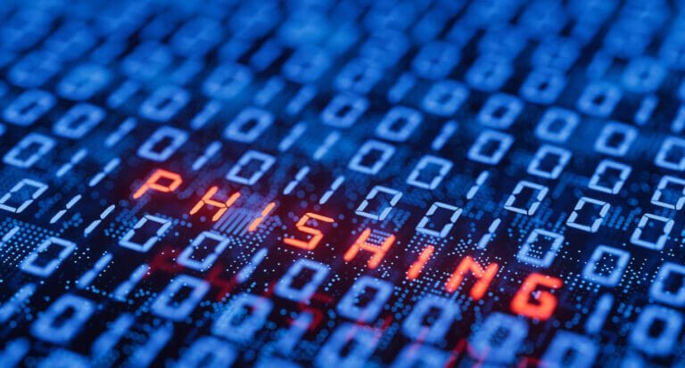 The word Phishing spelled out in a series of code.