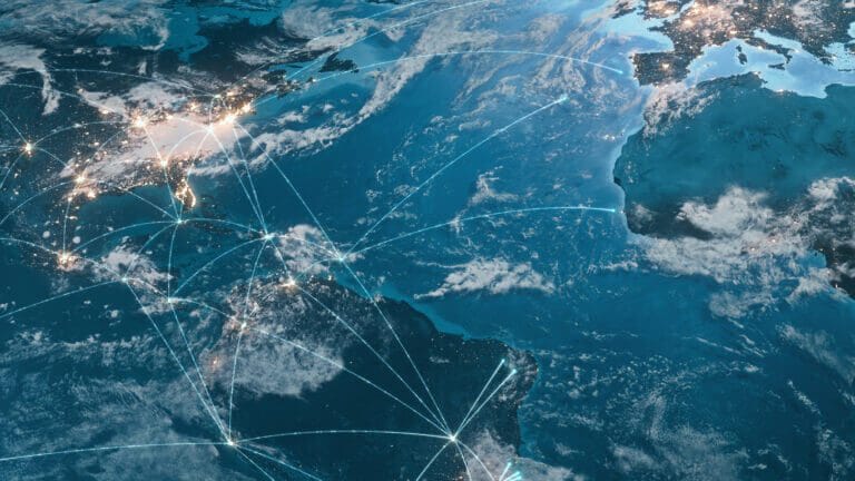 World map view with wireless connections.