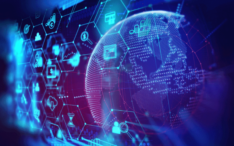 Digital icons and world image on a screen.