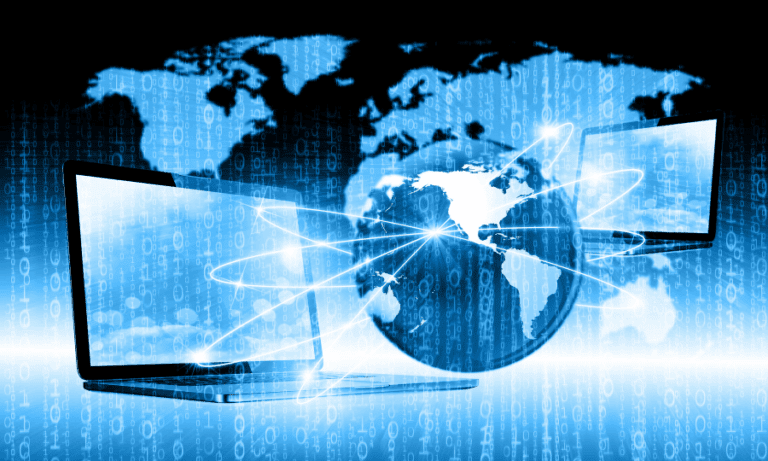 Digital icon of the world surrounded by laptops and network signals.