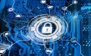 Cybersecurity lock graphic on a circuit board.