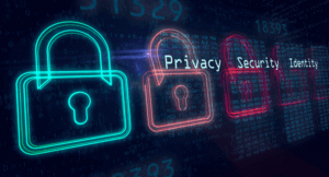 Digital lock icons lined up on a computer screen with the words Privacy, Security and Identity.