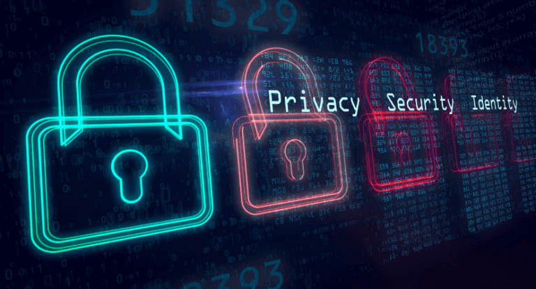 Digital lock icons lined up on a computer screen with the words Privacy, Security and Identity.
