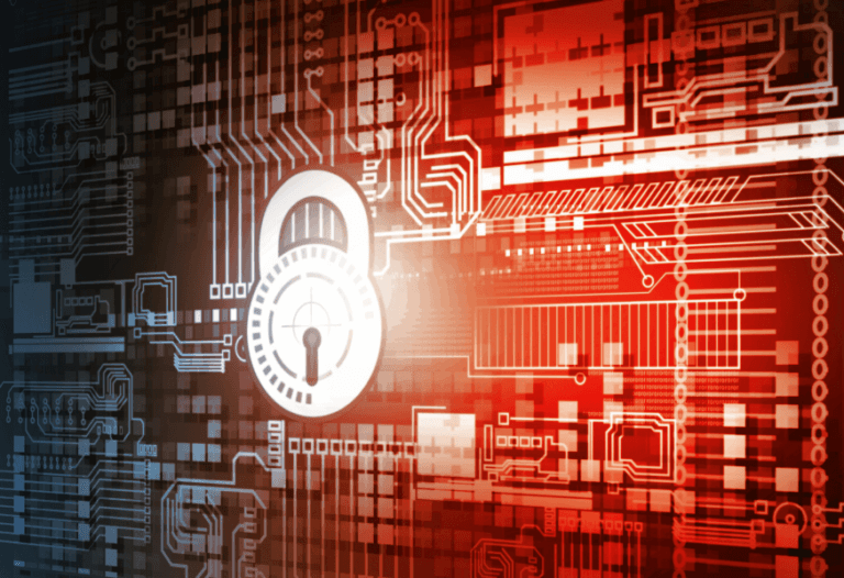 Cybersecurity lock graphic on a red circuit board.