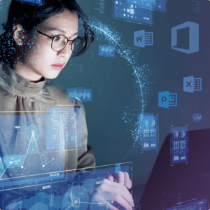 Business woman using her thumb to manage icons on a virtual screen.