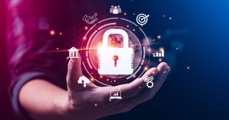 Hand holding digital lock surrounded by icons.
