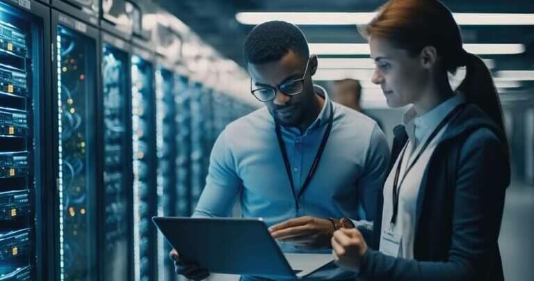 Employees reviewing ipad in an IT environment.